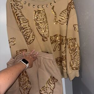 Queen of Sparkles Gold Sequin Tiger Sweatshirt and Shorts Set